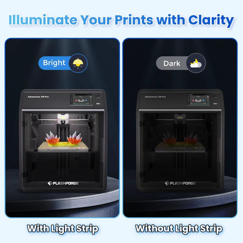 Comparison of 3D printer visibility with and without AD5M 24V LED Strip Kit For 3D Printers With 7 Bright Cold White Beads Replacement Light Board.