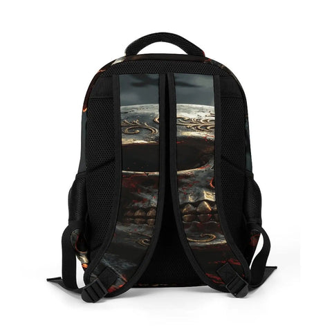 Back view of Midnight Skull And Crow Print Backpack For Men And Women with breathable straps and skull design.