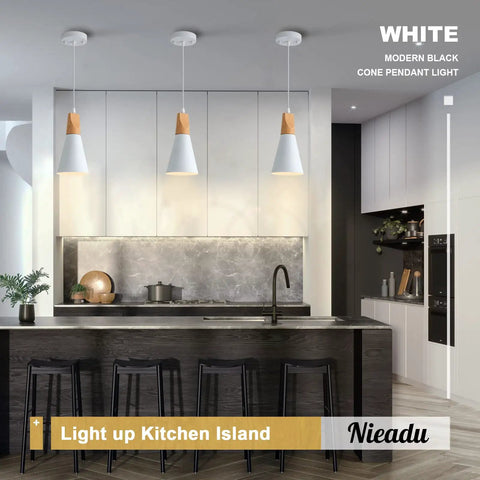 Three Pack White Modern Minimalist Pendant Lights Kit With Mounting Hardware installed over a kitchen island