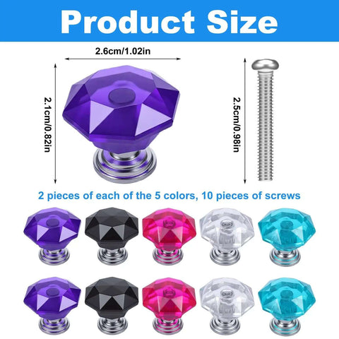 Colorful Crystal Cabinet Knobs Set 10 Pack 26mm Drawer Pulls, five colors, durable crystal glass, aluminum backing, easy install.