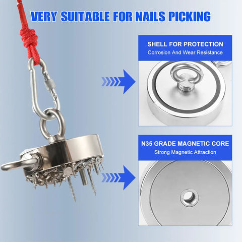 Beast Mode Ultra Strong 800 Lb Fishing Magnet Kit with neodymium magnet and carabiner attached to red rope, shown with screws