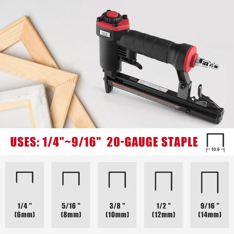 Lightweight Pneumatic 20 Gauge Upholstery Stapler For T50 Staples with size options from 1/4" to 9/16", ergonomic design visible.