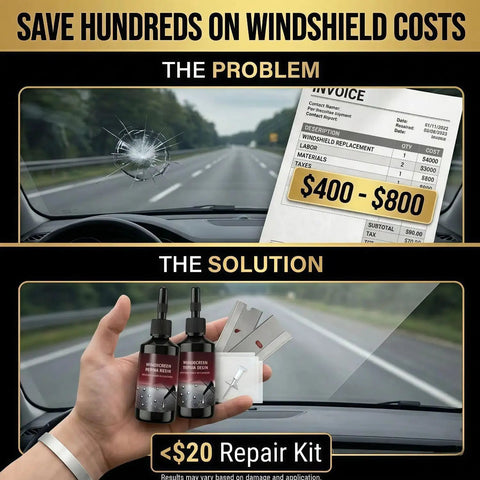 Windshield Crack Repair Kit For All Cracks, 5 Minute Quick Fix With Nano Glass Repair Liquid, Includes 2 Bottles, Nail Bullseye And Star Cracks, 2026 Updated Car Glass Repair Tool showing crack and repair cost comparison.