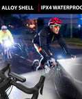 Cyclists using Lit Ultra Bright 2600 Lumen Bike Light Set For Night Riding Front And Rear USB C Rechargeable LED light at night.