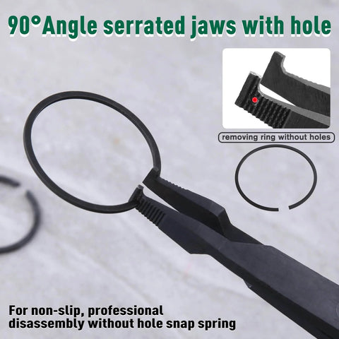9 Inch Angle Tip Lock Ring Pliers With Hole For Transmission And Brakes Circlip Retaining Ring Pliers in use, serrated jaws visible.