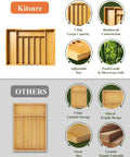 Expandable Bamboo Silverware Organizer For Drawers, Ultra Roomy 6 To 8 Slot Utensil Tray, Kitchen Storage Solution, Natural Finish, Wide 19.4 By 13.1 By 1.8 Inches Drawer Fit, comparison image showing adjustable and fixed sizes