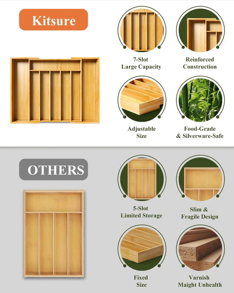 Expandable Bamboo Silverware Organizer For Drawers, Ultra Roomy 6 To 8 Slot Utensil Tray, Kitchen Storage Solution, Natural Finish, Wide 19.4 By 13.1 By 1.8 Inches Drawer Fit, comparison image showing adjustable and fixed sizes