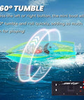 Mini Remote Control Boat With 2.4Ghz Remote 360 Degree Rotation Bright LED Lights Built In Rechargeable Battery Totally Fun For Pool Or Bathtub Kid Friendly Gift For Ages 8 To 12 Green performing 360° tumble on water with remote control overlay