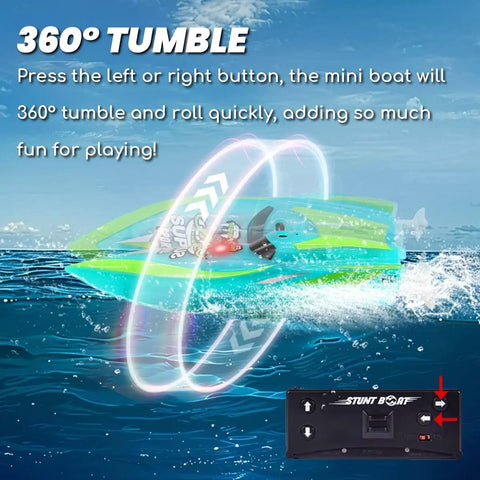 Mini Remote Control Boat With 2.4Ghz Remote 360 Degree Rotation Bright LED Lights Built In Rechargeable Battery Totally Fun For Pool Or Bathtub Kid Friendly Gift For Ages 8 To 12 Green performing 360° tumble on water with remote control overlay