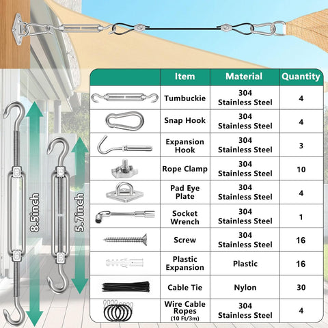 4 Pack 10ft Sun Shade Sail Hardware Kit with 304 Stainless Steel Cable Nylon Coated Ropes and hardware list chart