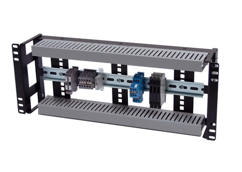 4U Rackmount Low Profile DIN Rail Panel, 3.78 Inch Depth, heavy duty 14 gauge steel, fits standard 19 inch 2 post or 4 post racks