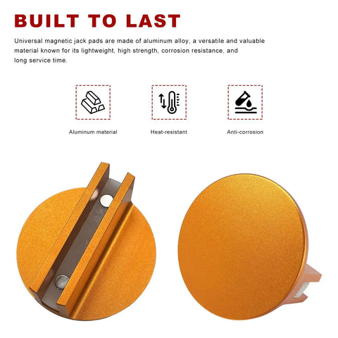 Universal Magnetic Jack Pad 0.4 Inch Slotted Built Tough Aluminum Grooved Jack Puck Adapter, dual views, orange color.