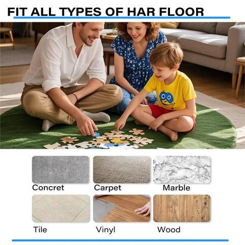 Family playing on rug secured by Eight Pack Rug Gripper Pads For Round Rugs 4x4 To 6x6 Feet With Curved Edge Design Keeps Rugs From Slipping And Curling Floor Safe Polyurethane Pads That Leave No Residue On Hardwood Or Tile Floors Clear on a hardwood floor.