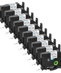 10 Pack Heavy Duty Heat Shrink Tubing Compatible HSE211 5.8mm 1/4 Inch Wide black print on white label tape rolls, showing labels and dimensions.