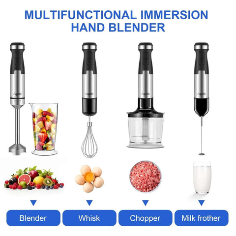 Powerful 1500W Corded Immersion Blender Handheld 5 In 1 Mixing Kit With 20 Speed Options Turbo Boost shown with blending tools and ingredients.