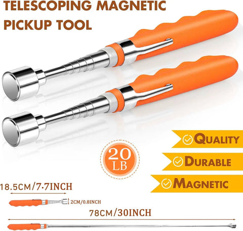 Telescoping Magnetic Pickup Tool with 20 Pound Pull Strength, stainless steel extendable to 30 inches with orange handle