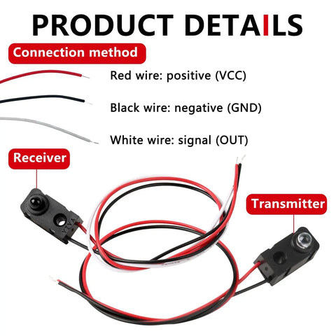Three Pack Infrared Break Beam Sensor Switch Kit With Transmitter And Receiver wires labeled for DIY Electronics.