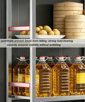 Straight Up Sturdy Stainless Steel Shelving Rack With Adjustable Anti Slip Feet For Multi Tier Kitchen Organization And High Capacity Open Grid Storage Setup That Never Sags, featuring guardrails and loaded with oil bottles.