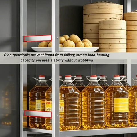 Straight Up Sturdy Stainless Steel Shelving Rack With Adjustable Anti Slip Feet For Multi Tier Kitchen Organization And High Capacity Open Grid Storage Setup That Never Sags, featuring guardrails and loaded with oil bottles.