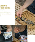 Trail Ready Stainless Steel Camping Utensil Kit with spoon, fork, chopsticks shown on wooden table and in use outdoors.