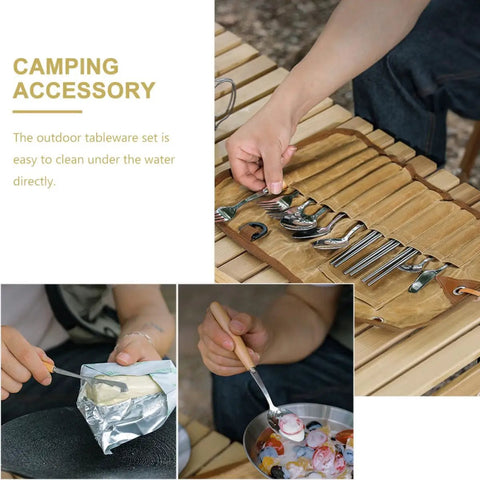 Trail Ready Stainless Steel Camping Utensil Kit with spoon, fork, chopsticks shown on wooden table and in use outdoors.