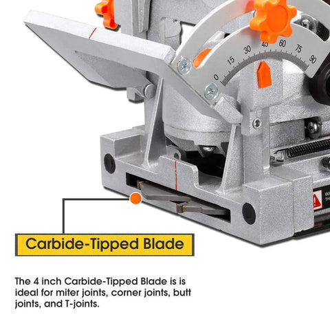Pro Grade Wood Biscuit Joiner Kit for DIY Pros with carbide-tipped blade, highlighting adjustable fence positions and joint types.