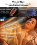 Indoor Space Heater With Remote, 24-Inch Oscillating Tower, showing whisper-quiet airflow next to a sleeping person