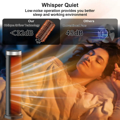 Indoor Space Heater With Remote, 24-Inch Oscillating Tower, showing whisper-quiet airflow next to a sleeping person
