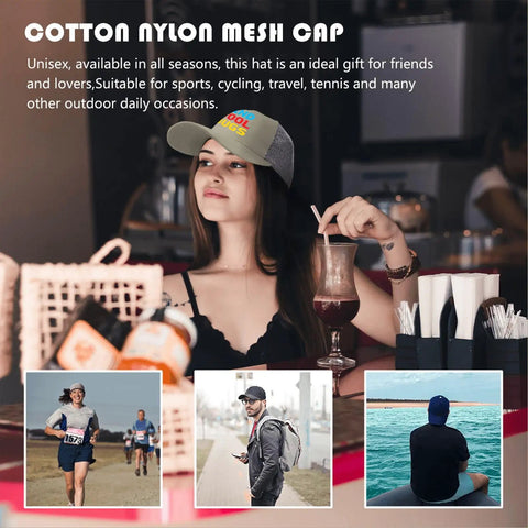 Apricot Mesh Baseball Hat For Men And Women Cool Bugs Trucker Cap worn by woman, casual cafe setting, unisex style