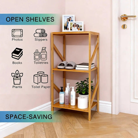 Rustic Bamboo 3 Tier Bookshelf Narrow Storage Rack For Living Room Office Kitchen Garage And Bedroom Super Handy Space Saving Multifunctional Shelf Organizer For Books Plants Decor 42 X 30 X 80 Cm installed in corner with decor and toiletries.