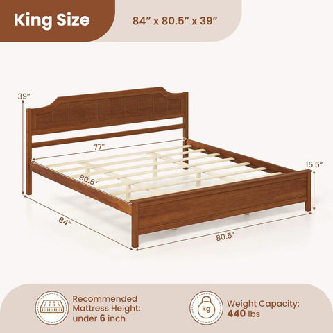 King Size Wooden Bed Frame With Cozy Upholstered Headboard And Rock Solid Thick Wood Slat Support For Legit Bedroom Vibes And Reliable Comfort All Night Long, dimensions shown.