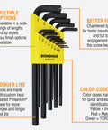Long Arm Hex L-Wrench Set Double Pack For Pros, Heavy Duty And Easy To Grip with color-coded handles in a yellow case