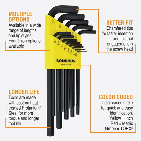 Long Arm Hex L-Wrench Set Double Pack For Pros, Heavy Duty And Easy To Grip with color-coded handles in a yellow case