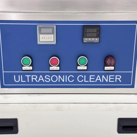 Control panel of Techtongda 61L Industrial Ultrasonic Cleaner Machine With Triple Tank System, featuring status buttons and displays.