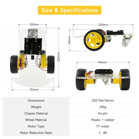 2WD Robot Car Chassis Kit With TT Motors Battery Box Clear Acrylic Chassis And Two Wheels For DIY Robotic Projects Compatible With Arduino Raspberry Pi Jetson Awesome For Education Prototyping And Sensor Tutorials specifications and dimensions