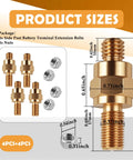 Four Piece Side Post Battery Terminal Extension Bolt Kit With 3 8 Inch Coarse Threads And Heavy Duty Hex Nuts For Straight Swap Wiring, showing sizes and components.