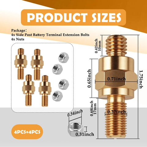 Four Piece Side Post Battery Terminal Extension Bolt Kit With 3 8 Inch Coarse Threads And Heavy Duty Hex Nuts For Straight Swap Wiring, showing sizes and components.