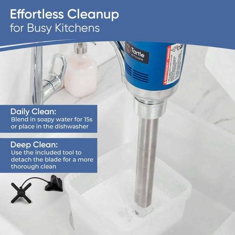 Heavy Duty Commercial Immersion Blender With 500 Watt Motor And 16 Inch Stainless Steel Shaft For Restaurants Handling Thick Soups And Creamy Sauces NSF Certified Hustle Proof Kitchen Workhorse cleaning in soapy water.