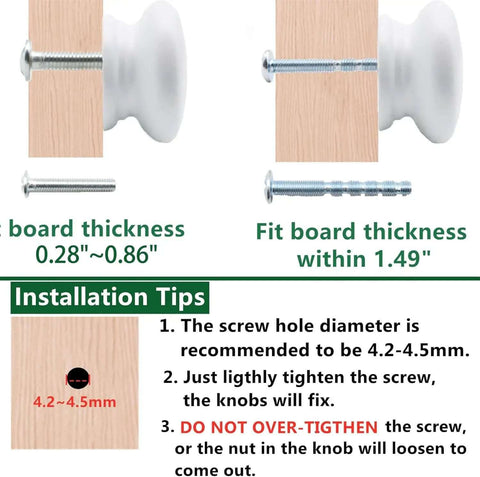 Installation guide for Two Pack White Wooden Cabinet Knobs Round Dresser Knobs For Kitchen Cabinets Furniture Cupboards Drawers Closet Doors Modern Design With Smooth Finish Easy Install And Two Length Screws Included Sturdy Wood Construction For A Killer Home Upgrade, showing screw sizes and board thickness.