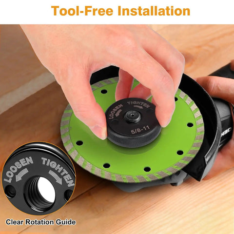 Using 5/8-11 Inch Angle Grinder Flange Nut Set - 2 Pack Quick Release Locking Nuts with rotation guide for tool-free hold