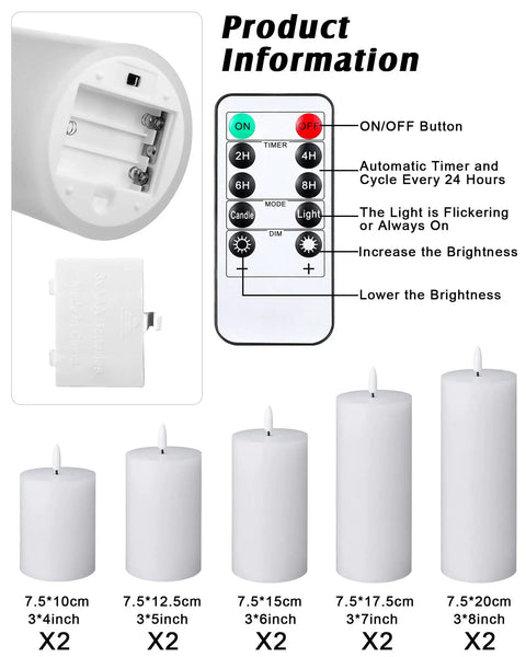 Diagram of Flameless LED Pillar Candles With Remote And Timer, battery compartment, remote control, and 5 candle sizes