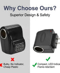 No Sweat AC To DC Power Converter Adapter, showing compact design with LED indicator and car socket for easy use.