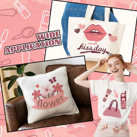 Various items with designs made using Gradient Pink Heat Transfer Vinyl Pack With 12 Sheets For DIY Clothing And Costume Crafting Assorted Pink HTV.