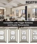 10 Pack Satin Nickel 1 Gang Zinc Alloy Duplex Wall Plate Grand Collection Metal Decorative Receptacle Outlet Cover Durable Solid Build Dope Upgrade For Your Home, wall plates shown in living room setup.