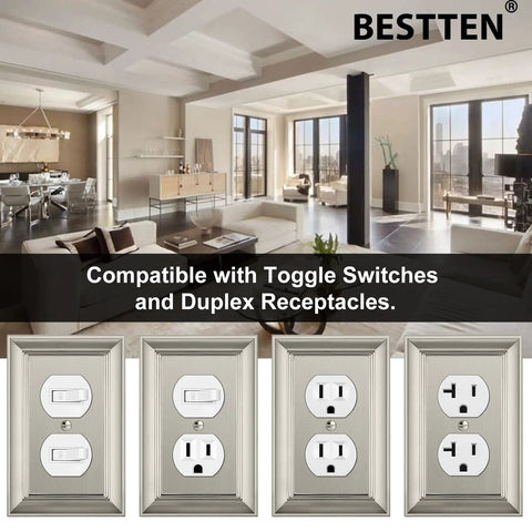 10 Pack Satin Nickel 1 Gang Zinc Alloy Duplex Wall Plate Grand Collection Metal Decorative Receptacle Outlet Cover Durable Solid Build Dope Upgrade For Your Home, wall plates shown in living room setup.