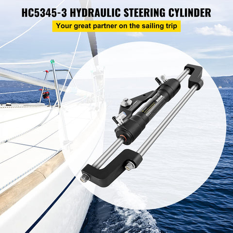 Heavy Duty Outboard Hydraulic Steering Kit For Boats Up To 300HP Front Mount Cylinder Set HC5358-3 And HC5345-3 No Helm Pump Or Steering Hose Needed Built For Strong Steering And 1500 PSI High Pressure With Crush Resistant Seals