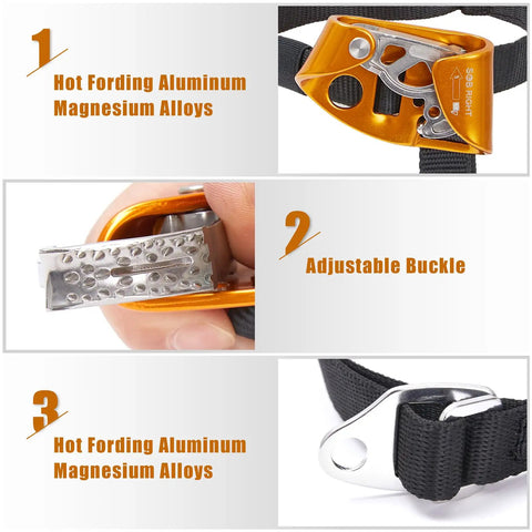 Foot Ascender for Rope Climbing and Rappelling, Lightweight Aluminum Gear close-up showing magnesium alloy construction and buckle