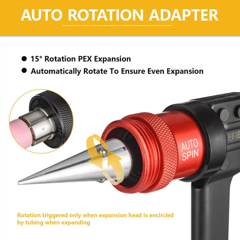 Pro Grade Auto Spin PEX A Expansion Tool Kit With Rotating Head and adapter for PEX plumbing and fire safety, close-up view
