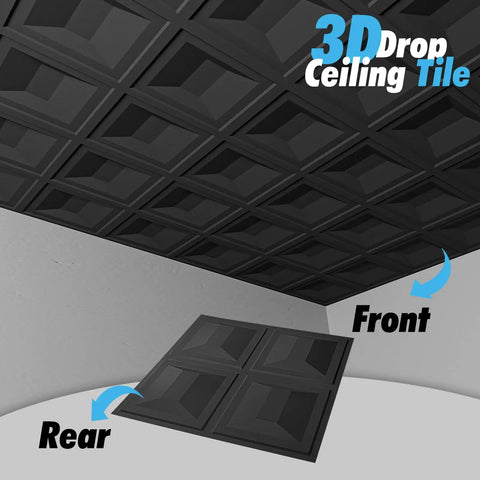 3D view of Drop Ceiling Tiles 24x24 Inch Pack Of 12 White PVC Panels for DIY Grid Install, lightweight, flexible, water resistant