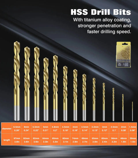 HSS drill bits set with titanium coating displayed in increasing size order. Packaging shown with product description above.